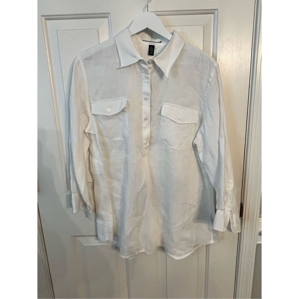 Lauren Ralph Lauren White Crisp 1/2 Button Down Roll Tab sleeve Shirt sz XL EUC